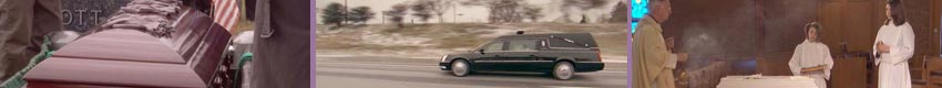 photos of a casket, a hearse, and a funeral ceremony